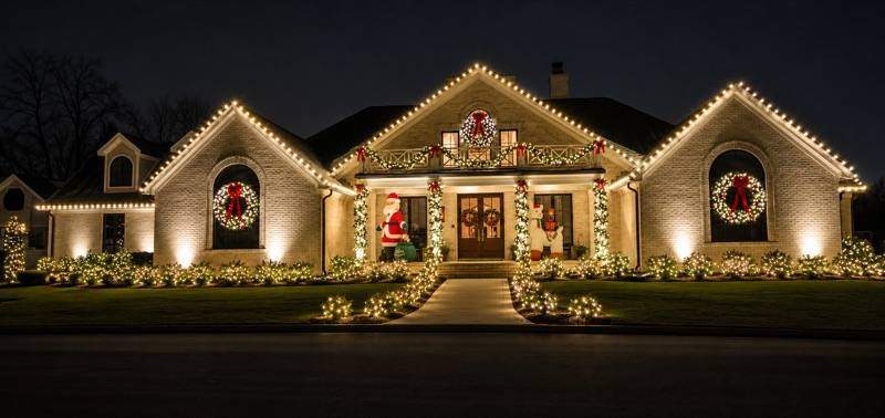 Brick home roofline and entry holiday lighting with wreaths and garland, Brandon FL