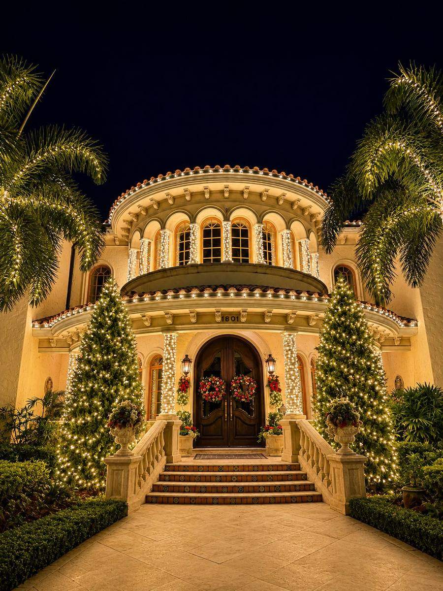 Grand entryway wrapped in warm white lights with wreaths on the doors
