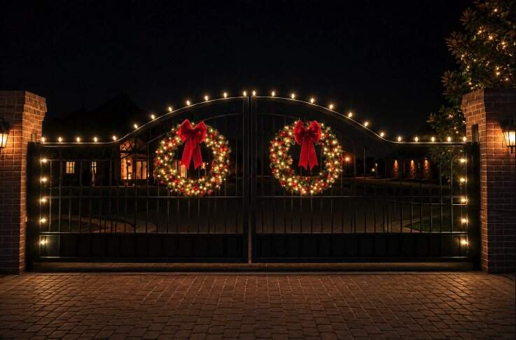Estate entry gate traced in warm white lights with twin lit wreaths and red bows