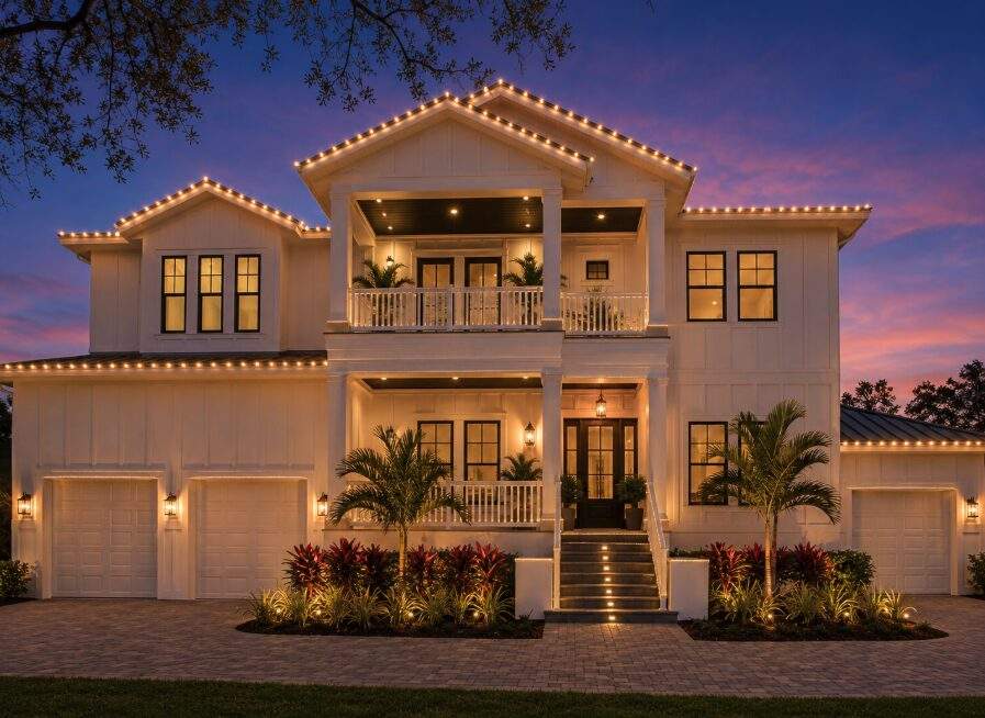 Warm white C9 roofline lighting on a modern farmhouse at sunset, Hyde Park, Tampa