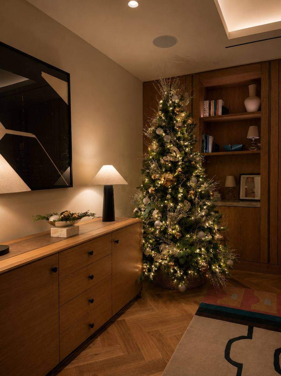 Christmas tree with gold and silver ornaments beside a built-in bookshelf, styled by Light the Lights