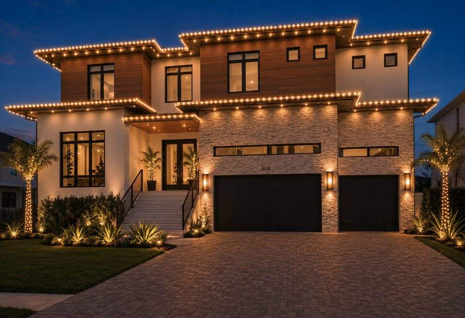 Modern home with roofline and palm tree lighting at dusk