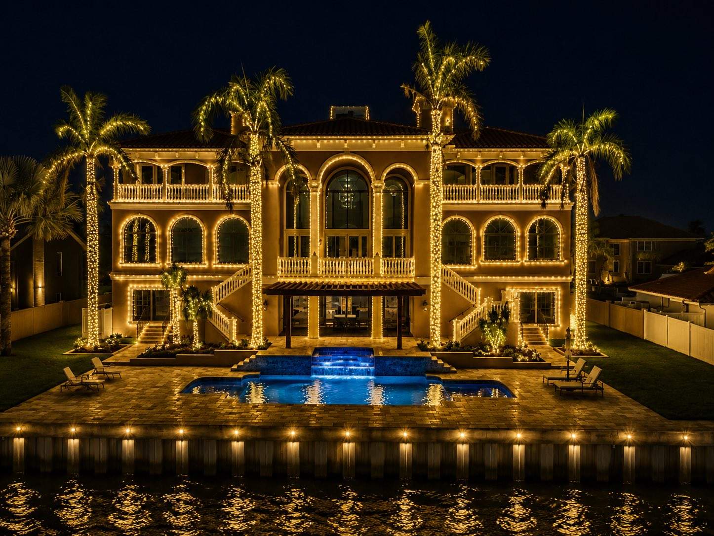Waterfront mansion lit up with palm trees and pool lighting