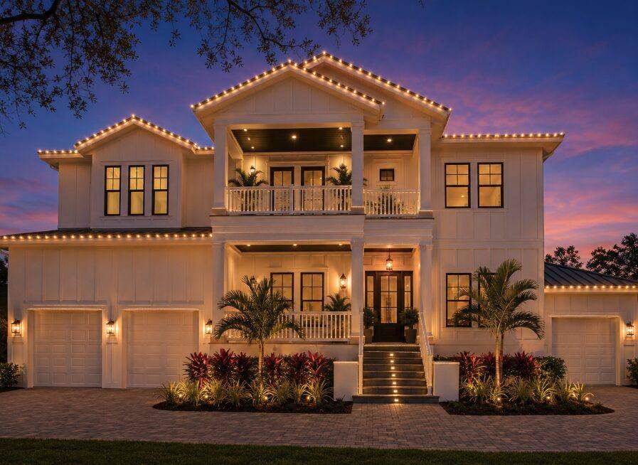 Two-story coastal-style holiday lighting display at sunset, Riverview FL