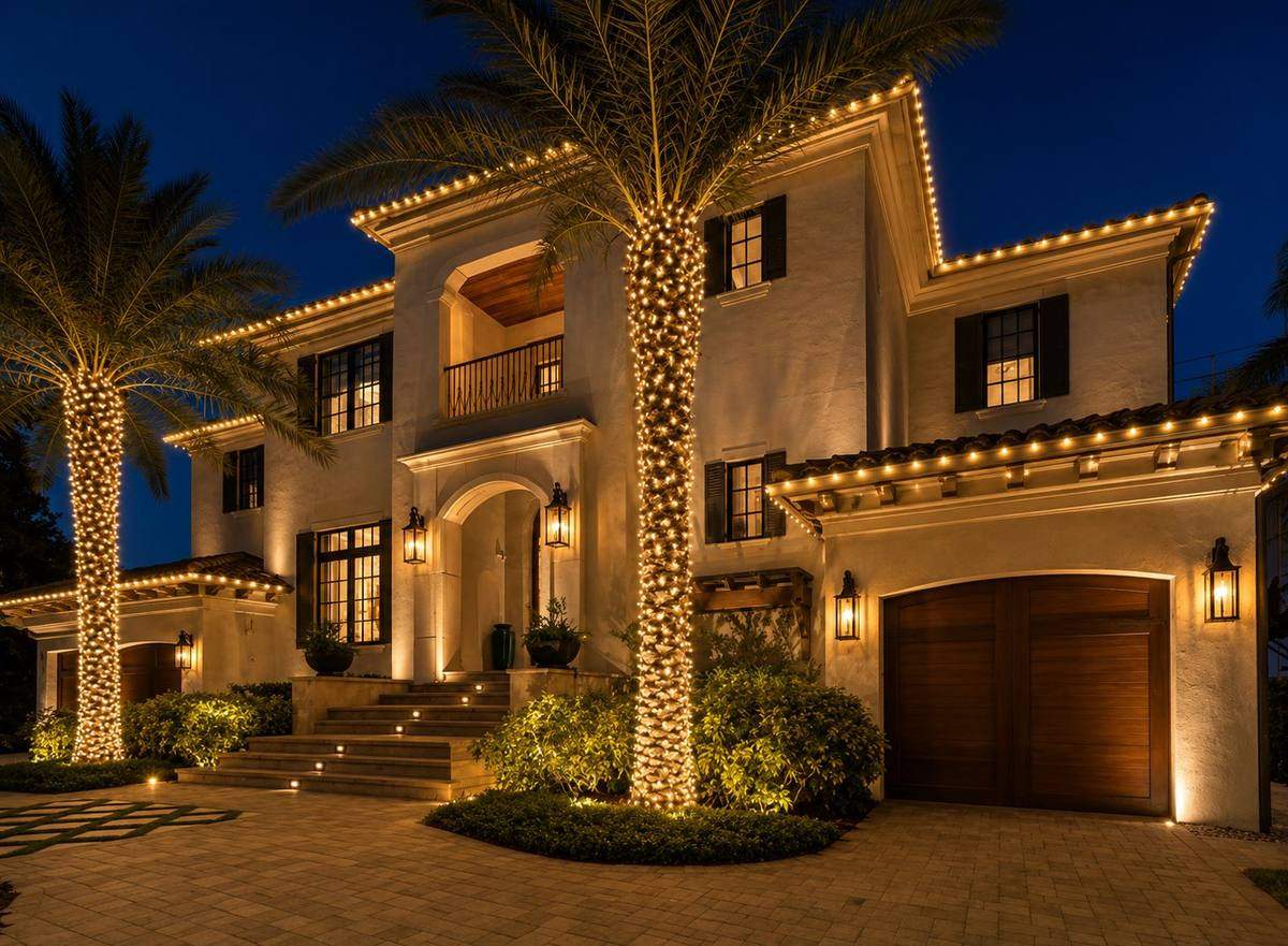 Warm white roofline and palm tree lighting on a Tampa home