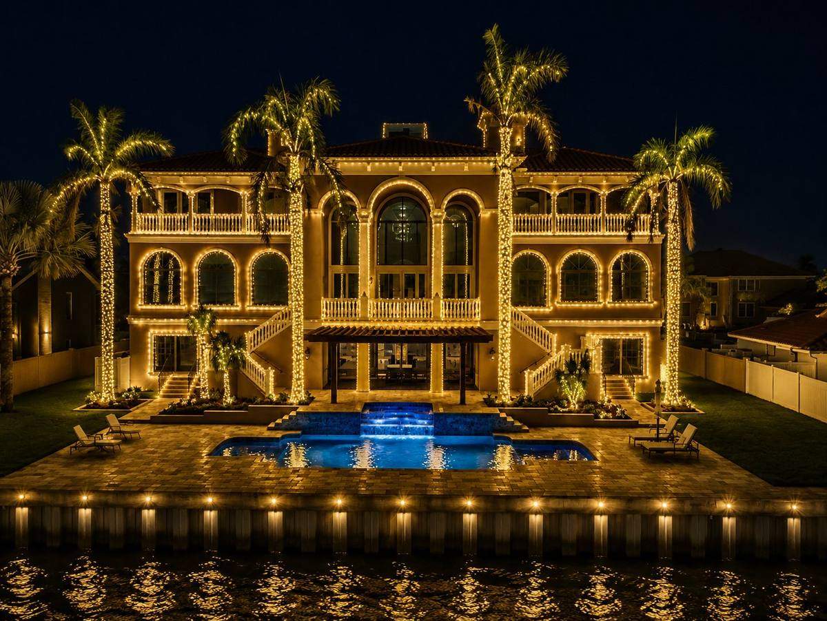 Waterfront estate fully outlined in warm white lights with pool and palm trees
